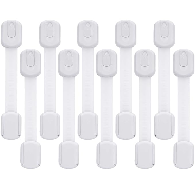 Goodv Child Safety Cabinet Locks - (10 Pack) Baby Proofing Latches to Drawer Door Fridge Oven Toilet Seat Kitchen Cupboard Appliance Trash Can with 3M Adhesive - Adjustable Strap No Drill No Tool