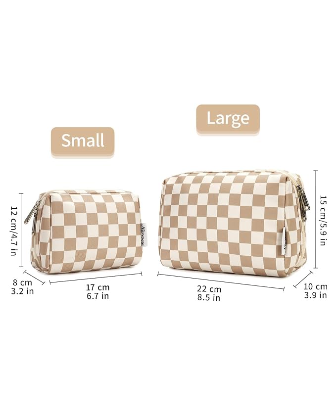 Narwey Checkered Makeup Bag Travel Cosmetic Bag Organizer Toiletry Bag Make Up Bags with Compartments for Women Girls (Large, Khaki Checkerboard)