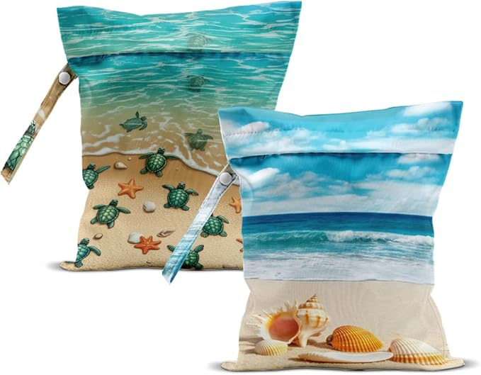 2Pcs Wet Bag, Wet Dry Bag Reusable with Zipper, Travel, Beach, Pool, Diapers, Baby Clothes, Dirty Yoga Gym Clothes, Makeup Bag, Waterproof Wetdry Packing, Seashell Sea Turtle Decor (12x10 Inch)