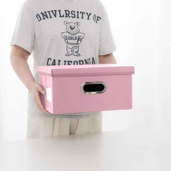 Collapsible Storage Box with Lid [3-Pack] Leather Fabric Foldable Storage Bin Organizer Container Basket Cube with Cover for Home Bedroom Closet Office Nursery Pink(13.6x9.6x6.9)