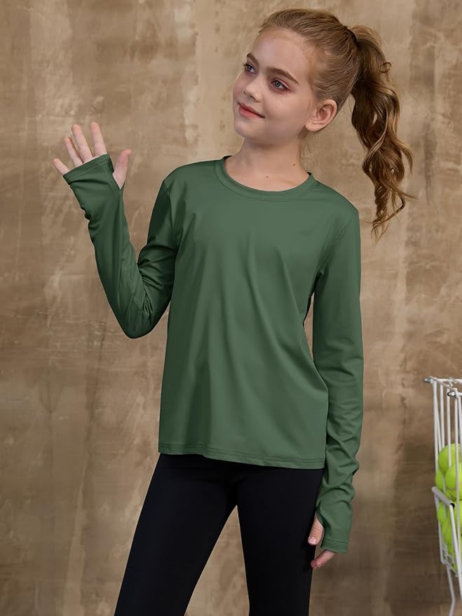 ZDC Girls Long Sleeve Athletic Shirts Kids Crewneck Quick Dry Workout Yoga Tops Basic Tees Activewear