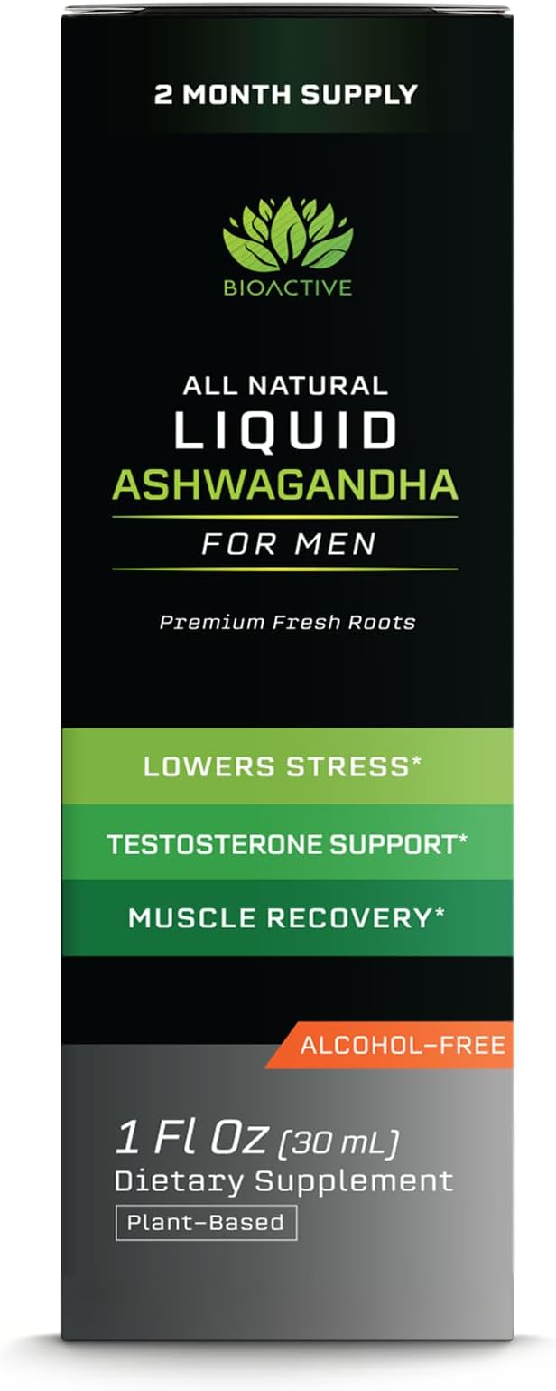 BIOACTIVE Liquid Ashwagandha Supplement Drops - Testosterone Booster For Men* - Adaptogen for Stress Support, Men’s Wellness - Organic, Vegetarian, Gluten Free, Non-GMO, 59 Servings (1 Oz, Unflavored)