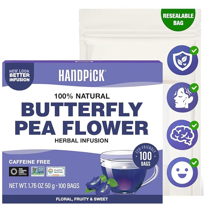 HANDPICK, Butterfly Pea Flower Tea (100 Herbal Tea Bags) | Caffeine Free, Non GMO | Premium Dried Butterfly Pea Flowers For Blue & Purple Drinks, Food Coloring | Iced Teas, Coolers, Cocktails