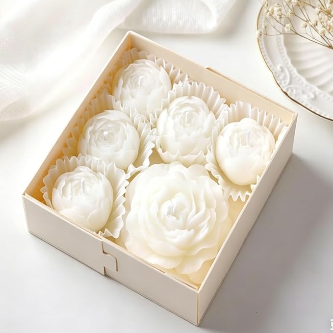 Flower Candles, Rose Peony Shaped Scented Floral Candle (White) | 6-Pack Handmade Aromatherapy for Spa Party Wedding Home Decor