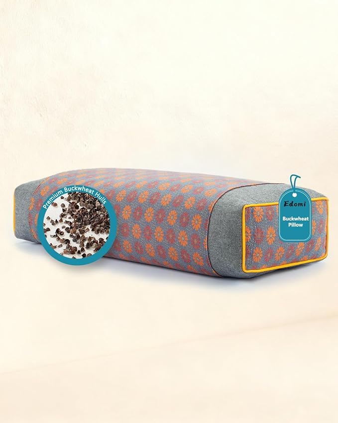 Rectangular Buckwheat Neck Pillows,19.6"x9.8" Flat Cervical Support Pillows for Sleeping, Adjustable Buckwheat Hull Filling for Neck Pain Relief, with Floral Pattern Washable Covers,Gray