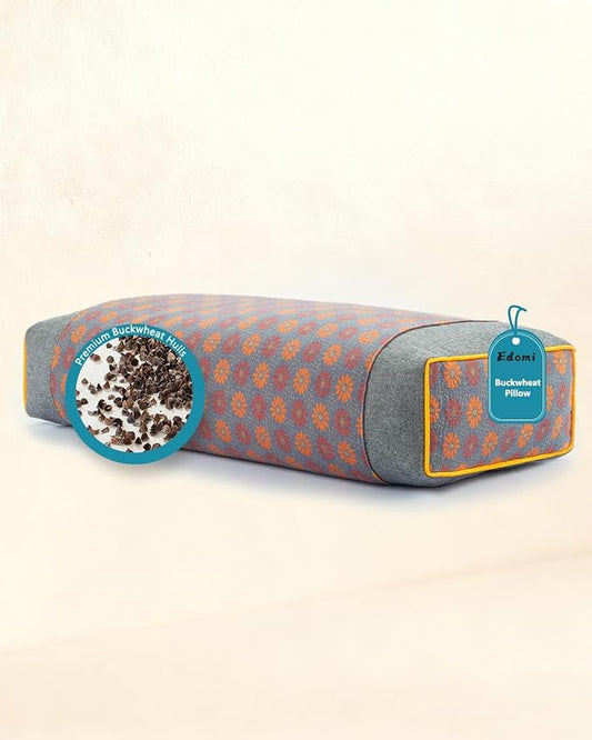 Rectangular Buckwheat Neck Pillows,19.6"x9.8" Flat Cervical Support Pillows for Sleeping, Adjustable Buckwheat Hull Filling for Neck Pain Relief, with Floral Pattern Washable Covers,Gray