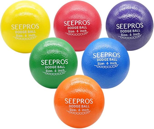 Foam Dodgeball Set - Soft Skin, Low Bounce, Set of 6 with Mesh Storage Bag for Kids and Adults