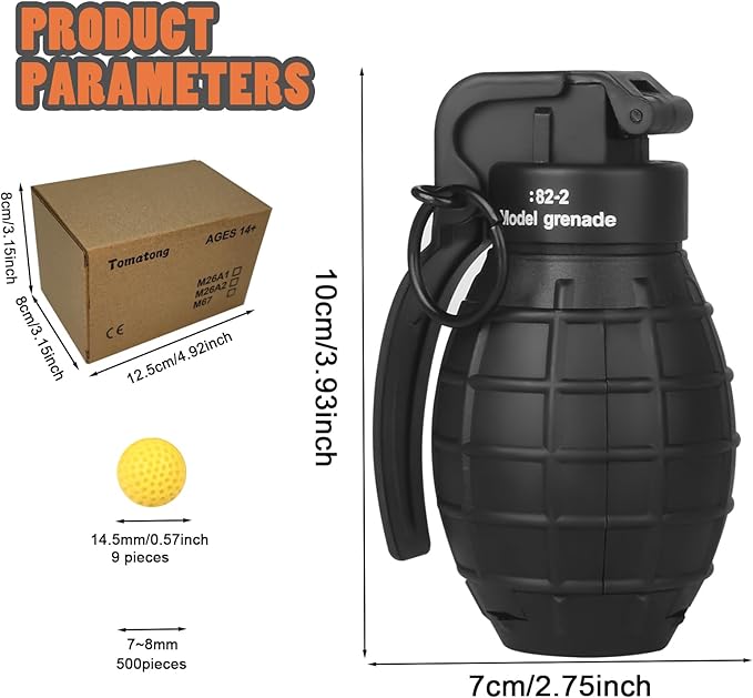 Toy-Hand Grenade for CS Battle Game,with 9 Foam Ammo Model Tactical CS-Grenade Fun Impact Gel Toys Halloween Outdoor Sport for Age 14 Years Old and up and Adults,Black