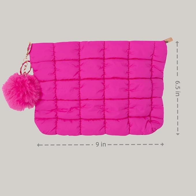 Hot Pink Puffer Quilted Makeup Bag for Women with Furry Keychains - 10" Roomy Puffy Cosmetic Pouch, Travel Toiletry Organizer Bag (HP-Fu-HP)