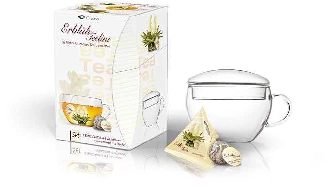 Creano Tea Gift Set Blooming Tea in Cup Size - 8 pcs Flowering White Tea with Glass Tea Cup - 7oz (200ml)