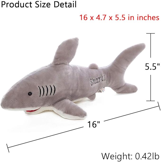 Stuffed Shark Animal Plush Toy 16 Inch Long Great White Animal Stuffed Plushies Super Soft Cute Cuddly Pillow Cushion Stuff Dolls Gifts for Children Kids Boys Girls Room Decor Bedtime, 16Inches