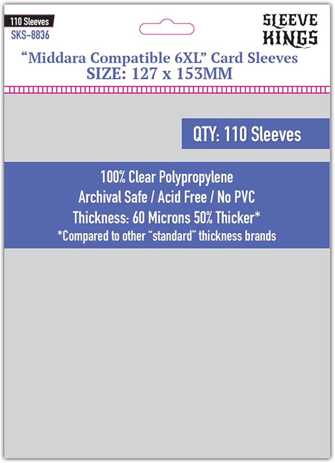 Sleeve Kings Standard Card Sleeves – 110 Count, Clear 60 Micron Thickness, XXL Size (127 x 153 mm), Compatible with Middara & More – SKU: SKS-8836