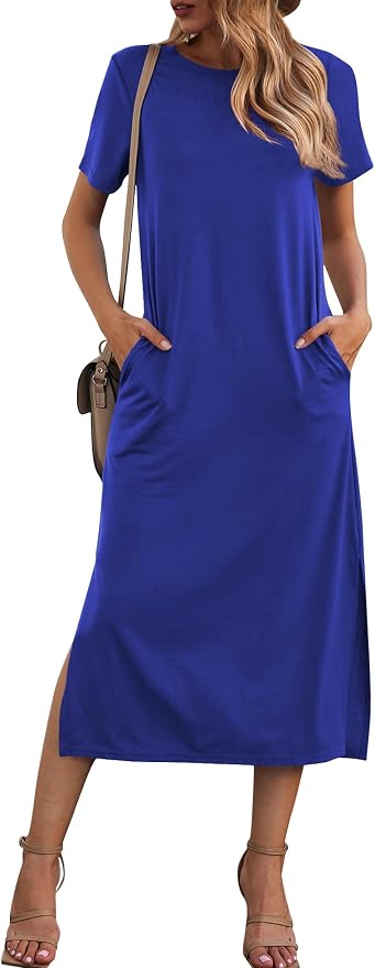 Naggoo Women's Casual T Shirt Midi Dress with Side Slit and Pockets