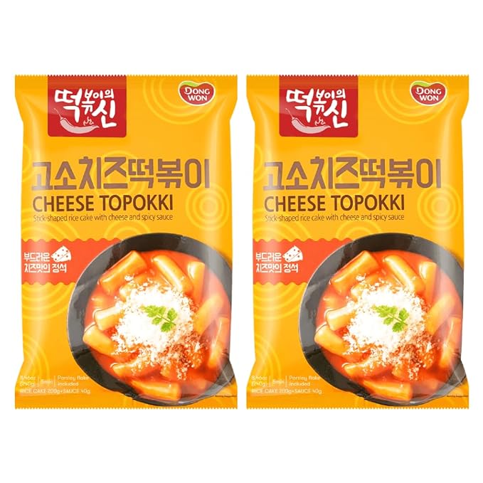 DONG WON Topokki with Cheese and Spicy Sauce, Korean Rice Cake Stick, Korean Street Food, 8.46 OZ (240 G) - 2 Pack