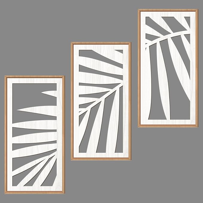 IARTTOP Tropical Palm Tree Leaf Wood Wall Art White Framed 8x16 Inch Set of 3 Hawaii Plant Leaves Wooden Wall Decor Minimalist Boho Artwork for Living room Bedroom Office