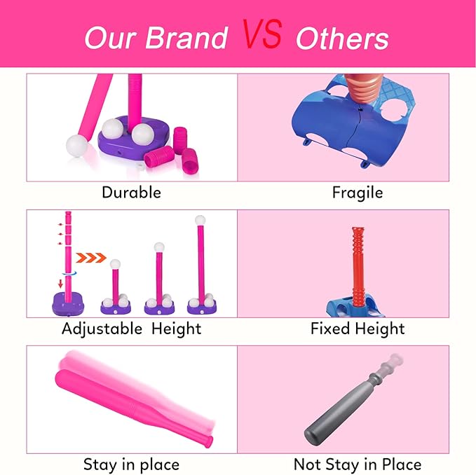 Liberry Adjustable T-Ball Set for Kids and Toddlers, Includes Kids Baseball Bat, Adjustable Height Tee Ball Stand, 4 Balls and Weighted Base, Sports Game Toy Gift for Boys Girls (Pink)