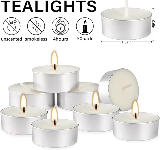 Unscented Tealight Candles, 50 Pack Bulk Tea Lights, 4 Hours Long Burning, Smokeless White Votive Candles for Home Décor, Wedding, Party, Spa, Emergency, Holiday & Everyday Use | Mini Candles Bulk
