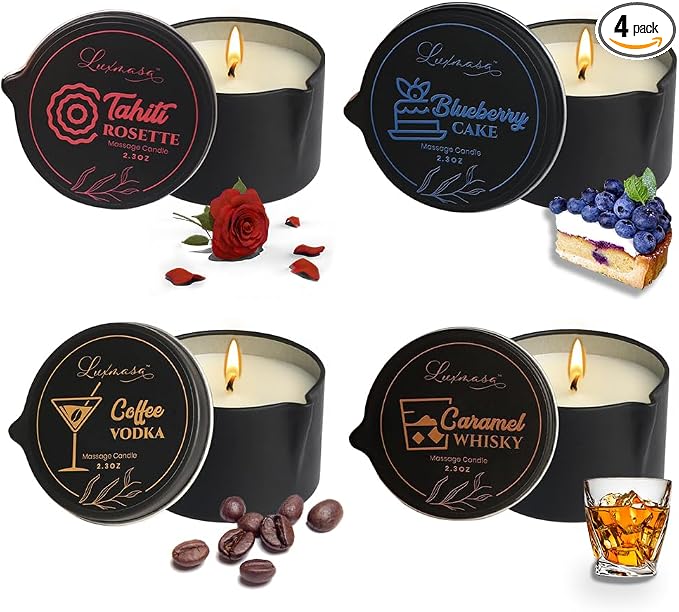 Organic Massage Candle for Couples, Home Scented Body Relaxing SPA Candles Luxury Gift Set Pack 4-9.4OZ(2.35OZ*4)-Tahiti,Blueberry Cake,Coffee Vodka,Caramel Whisky