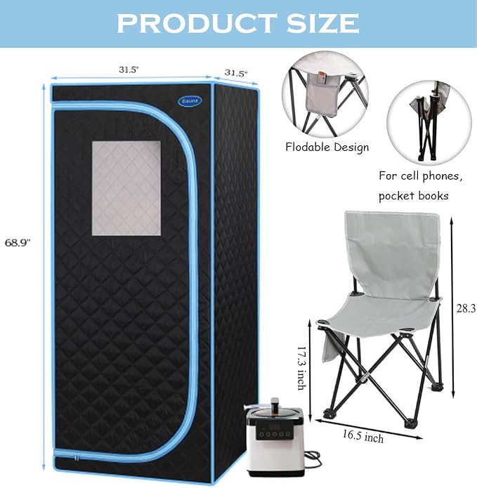 Portable Sauna Box, Portable Steam Sauna for Home with 2.6L 1000W Steamer, 15 Levels, Folding Chair, Extra Large Size (31.5 x 31.5 x 68.9 inch)
