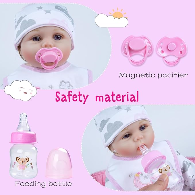 PEDOLLTREE 13 Pcs Reborn Baby Dolls Clothes Girl Accessories Outfit with Pink Dot Bassinet and Diapers Set for 17-22 Inch Reborn Dolls Newborn Baby Girl