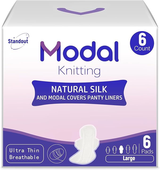 Modal Sanitary Pads for Women, Natural Silk and Modal Cover-Ultra Absorbency, Ultra Thin Breathable Daily Pads with Wings, Unscented Sanitary Napkins(11.4 Inch, Large, 6 Count,Packaging May Vary)