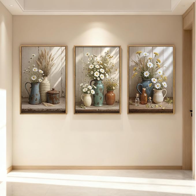 ANHUIB Vintage Wildflower Botanical Canvas Wall Art Framed Rustic Farmhouse Floral Pictures Wall Decor Country Daisy Painting 16x24 Inch Flower Set of 3 for Living Room Bedroom Office