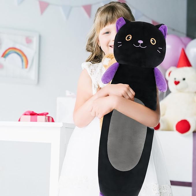 22” Long Cat Plush Body Pillow, Cute Black Cat Stuffed Animals, Lucky Kitty Squishy Soft Plushies Toy, Gifts for Kids Girls and Boys, Birthdays ﻿Easter