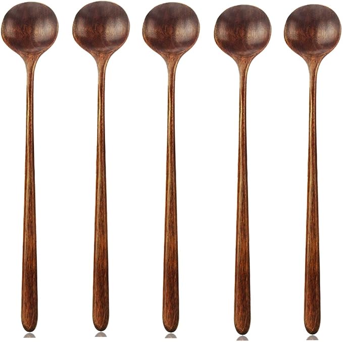 Long Spoons Wooden, 5 Pcs Korean Style 10.9 inches 100% Natural Wood | Long Handle Round Spoons for Soup Mixing Stirrer Kitchen Tools Utensils