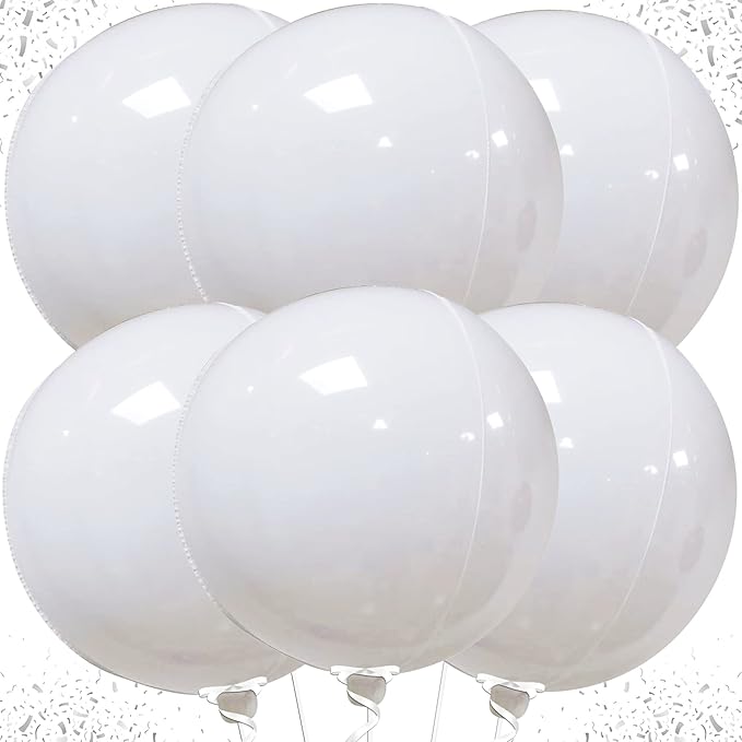 KatchOn, Round White Foil Balloons - 22 Inch, Pack of 6 | 4D Mylar White Balloons for Party Decorations | Metallic Balloon for Birthday, Anniversary, Bridal Shower, Baby Shower Decorations