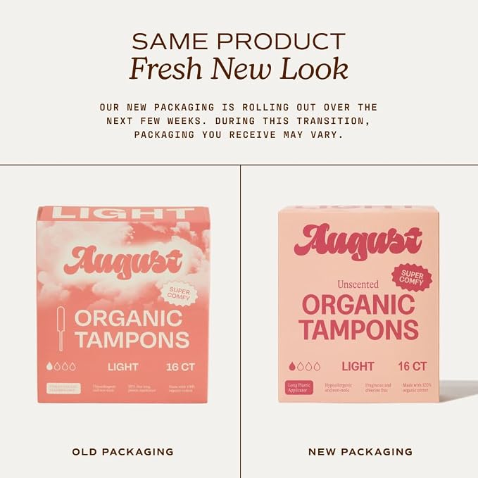 August Organic Cotton Tampons, 96 Light Tampons Made with Organic Cotton, Long Applicators, Non-Toxic, Fragrance-Free, Chlorine-Free, and Hypoallergenic (6 Boxes of 16/12 Boxes of 8)