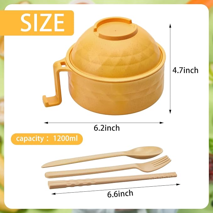 1 Set Microwave Ramen Cooker 40oz Wheat Straw Microwave Noodle Bowl Set with Chopsticks, Spoon, Fork, College Dorm Office Apartment Essentials (Yellow)
