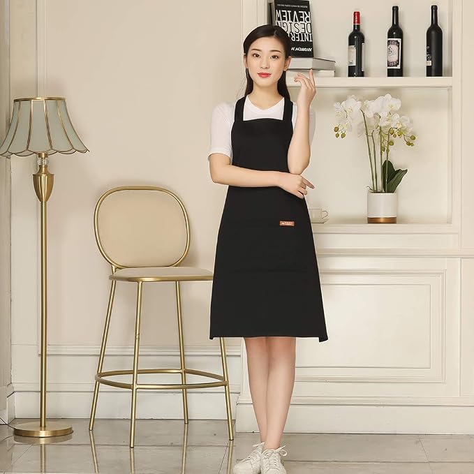 NEWGEM 100% Cotton Cross Back Apron for Women with 2 Pockets - Adjustable Button Straps Pinafore, No Neck Pain Kitchen Chef Apron for BBQ Grilling, Professional Stylist (Black)