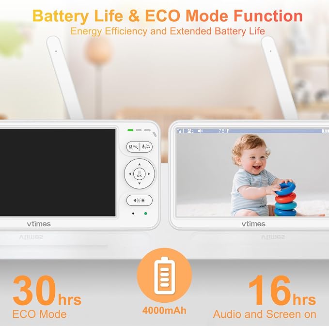 VTimes Baby Monitor with Camera and Audio, 6'' IPS Screen with 30-Hour Battery, Baby Monitor No WiFi Night Vision, ECO, 2-Way Audio, Pan-Tilt-Zoom, Baby Camera Monitor with 1000ft Range, Ideal Gift