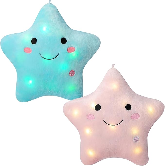 DearSun Set of 2pcs, 13'' Creative Twinkle Star Colorful Night Light Plush Pillows Light up Night Stuffed Toys Perfect for Birthday Christmas Holiday Valentines(Blue+Pink)
