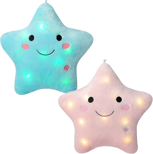 DearSun Set of 2pcs, 13'' Creative Twinkle Star Colorful Night Light Plush Pillows Light up Night Stuffed Toys Perfect for Birthday Christmas Holiday Valentines(Blue+Pink)