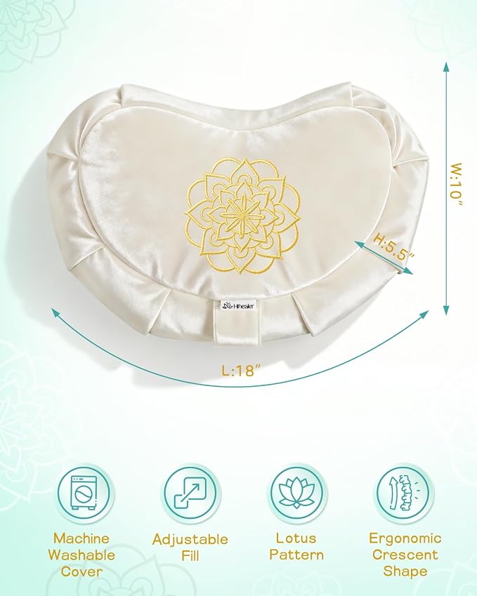 Hihealer Premium Crescent Meditation Cushion, Ergonomic Buckwheat Hull Floor Pillow for Adults, Comfortable Yoga Bolster for Meditation & Floor Sitting (Cream)