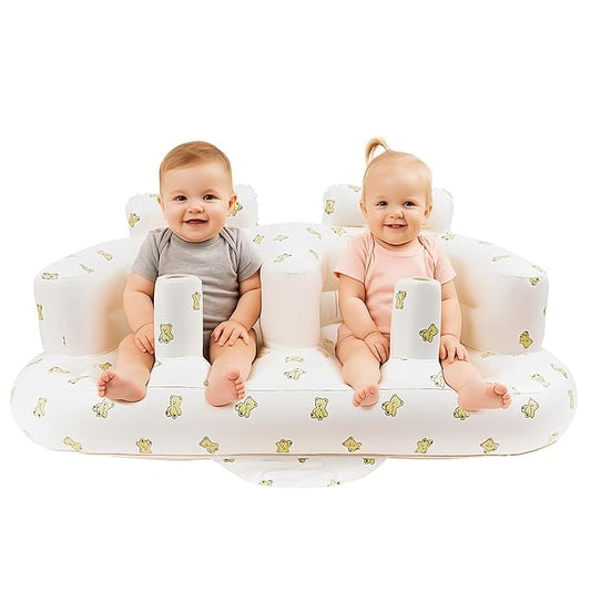 EKEPE Baby Inflatable Seat for Twins Babies 3 Month and Up, Side-by-Side Double Inflatable Floor Chair for Sitting Up with Built in Air Pump, Blow Up Baby Chair for Infants - Twins Bear