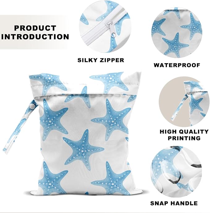 Wet Dry Bag 12x10 Inch, Starfish Wet Bag for Swimsuit Diapers Travel Beach Pool Dirty Yoga Gym Clothes Makeup Bags Beach Wedding Supplies Waterproof Reusable Starfish Gifts for Women Friend