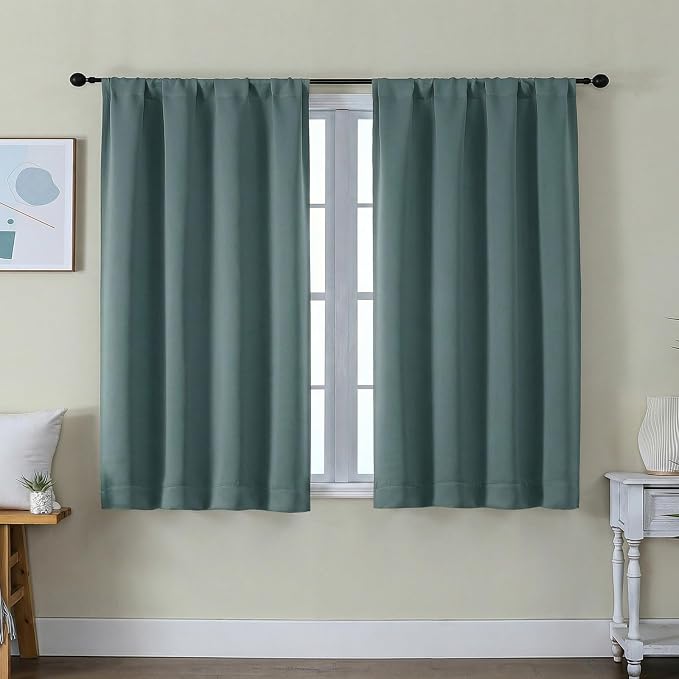 Simplebrand Ava Dark Green Short Blackout Curtains for Bedroom 45 Inches Long 2 Panels Set, Solid Thermal Insulated, Energy Saving Window Treatment Curtains Blackout Drapes, W40 x L45 Inch, Dark Green