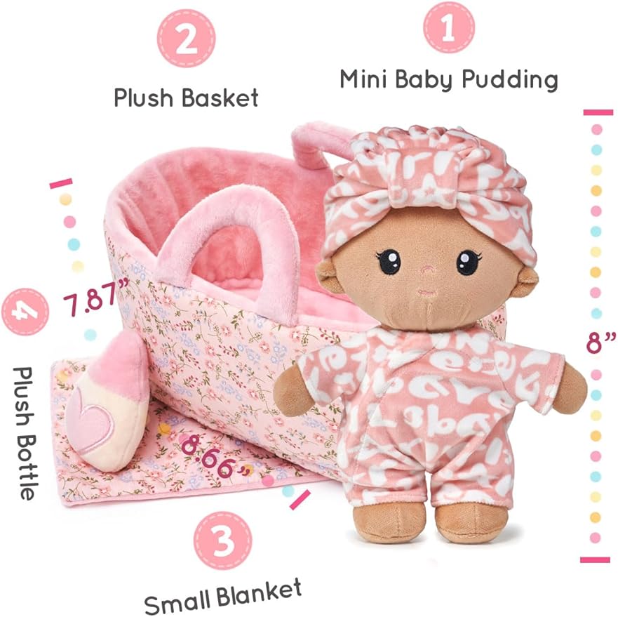 LeyaDoll Soft Baby Doll Gift Set - First Baby Doll Accessories Plush Rag Sleeping Cuddle Buddy Doll Toy Mini Pink Set for Kids Girls (9'') - Pudding Baby-Tanned