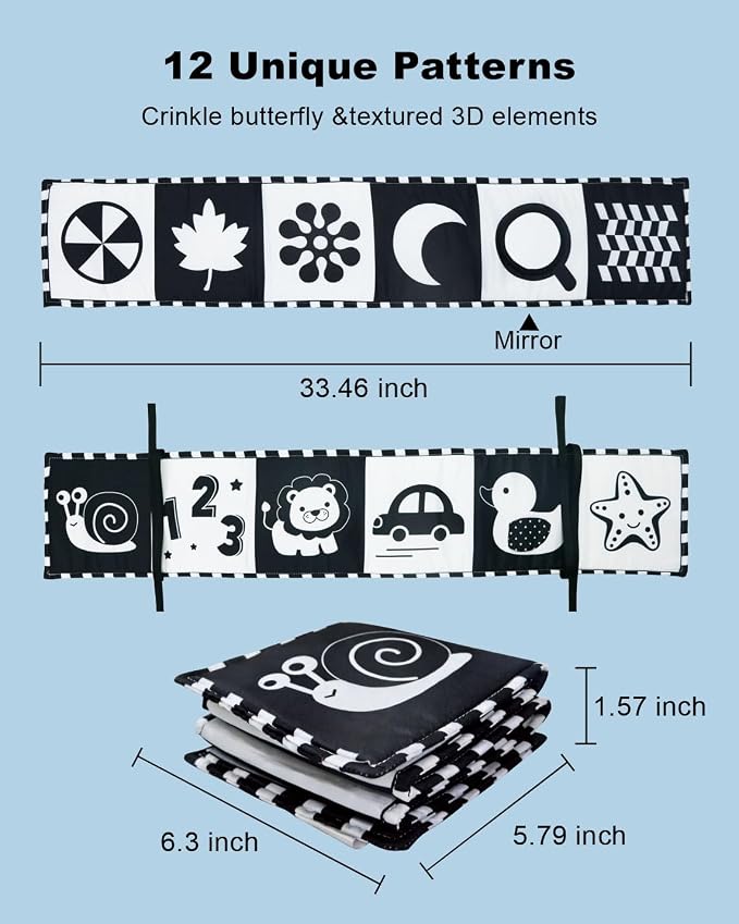 Aila+Aiden Black and White Baby Toys, Tummy Time High Contrast Newborn Toys 0-3 Months, Soft Baby Book, Visual Stimulation Montessori Sensory Infant Toys 0-6-12 Months, Shower Gift for Boys Girls