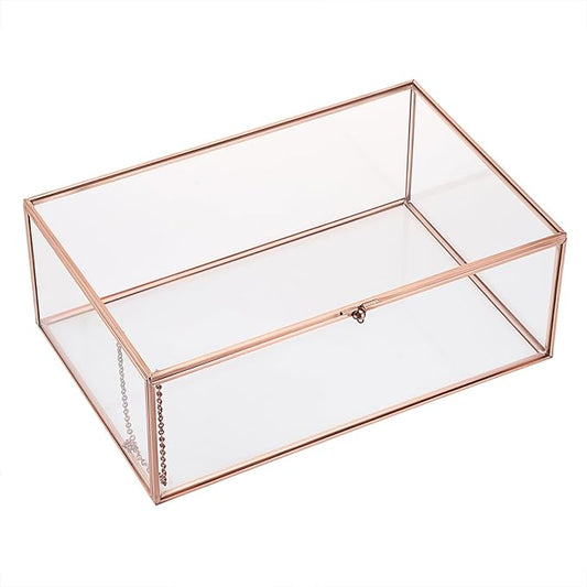 Hipiwe Vintage Glass Box with Lid - Rectangle Jewelry Display Box Vanity Lidded Box Glass Trinket Organizer Rose Golden Decorative Boxes for Keepsakes Perfume,X-Large