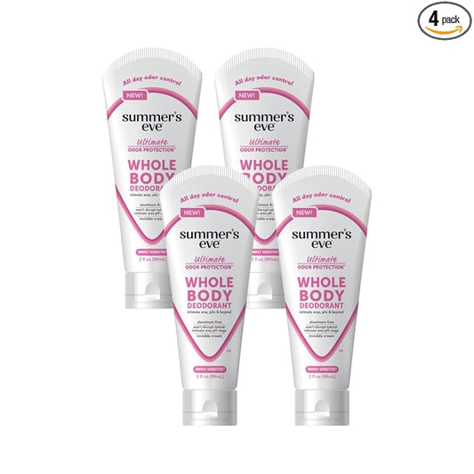 Summer’s Eve Ultimate Odor Protection Whole Body Deodorant Cream, Simply Sensitive, Aluminum Free, All Day Odor Control, Invisible Cream, 3 Ounce (Pack of 4)