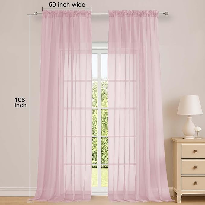 OWENIE Sheer Blush Curtains 108 Inches Long for Living Room Bedroom 2 Panels Set, Lightweight Airy Blush Sheer Curtain, Filmy Voile Rod Pocket, 2 PCS, Each 59" W x 108" L