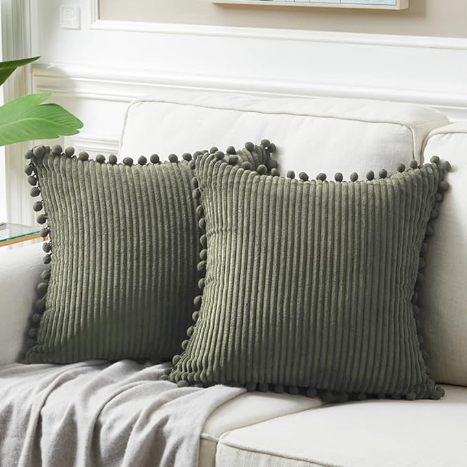 Fancy Homi 2 Pack Olive Green Small Decorative Throw Pillow Covers 12x12 Inch with Pom-poms for Couch Bedroom Living Room, Soft Corduroy Solid Cushion Case 30x30 cm, Farmhouse Boho Home Decor