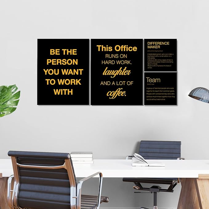YEOION Motivational Office Wall Art,Inspirational Teamwork Wall Art for Office,Black and Yellow Positive Teamwork Wall Decor for Workplace Set of 6