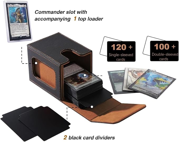 Venssu MTG Deck Box for Commander Display,Card Deck Box Fits 100 Double Sleeved Cards, TCG Card Storage with 2 Dividers and 1 Toploader (Black＆Brown)