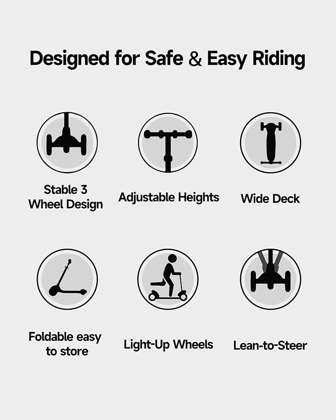 Kids Scooter, 3 Wheel Kick Scooter for Toddlers with Light Up Wheels, Lean-to-Steer Design, Adjustable Height Handlebar, Anti-Slip Deck, Ages 2–8