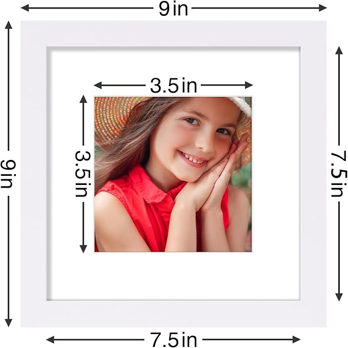Vittanly 8x8 Picture Frames Set of 9 for Wall or Tabletop Display, White | Display Pictures 4x4 with Mat or 8x8 without Mat for Wall Mounting, Square Photo Frames for Home Decor, Engineered Wood