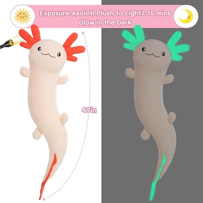 MaoGoLan Giant Axolotl Plush Toy Stuffed Animal, Huge Axolotl Body Pillow for Kids Girl Boy, Big Salamander Plush Glow in The Dark, Birthday Valentine Christmas Party Gifts Pink